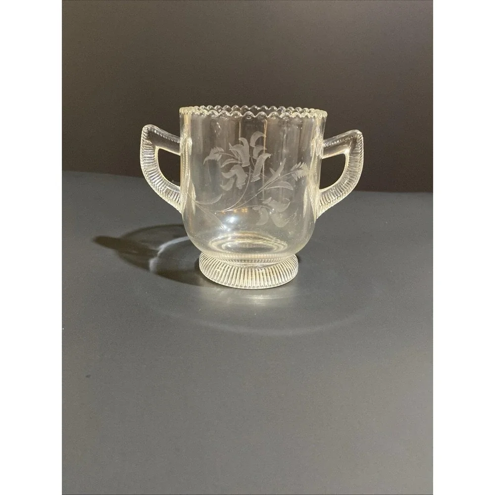 Vintage Greentown Clear‎ Pleat Band Pattern Two Handled Spooner Etched Leaf RARE